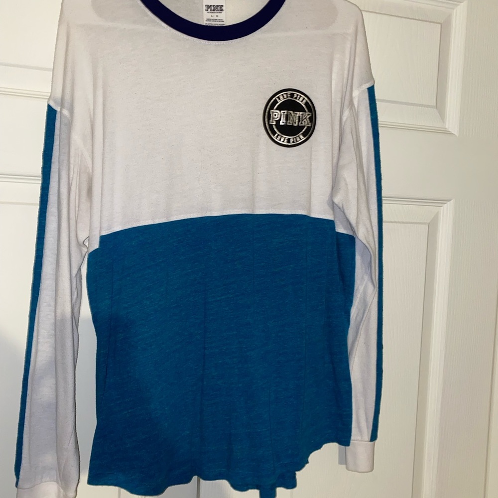 oversized teal, white, glitter PINK brand long-sleeve tee. Good, used condition.